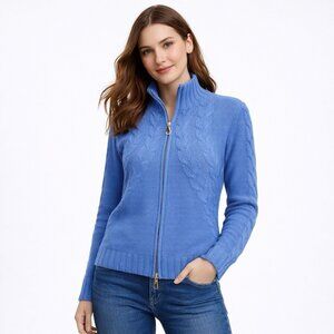 DIANE SNYDER 100% cashmere sweater cardigan blue SMALL full zip cable knit